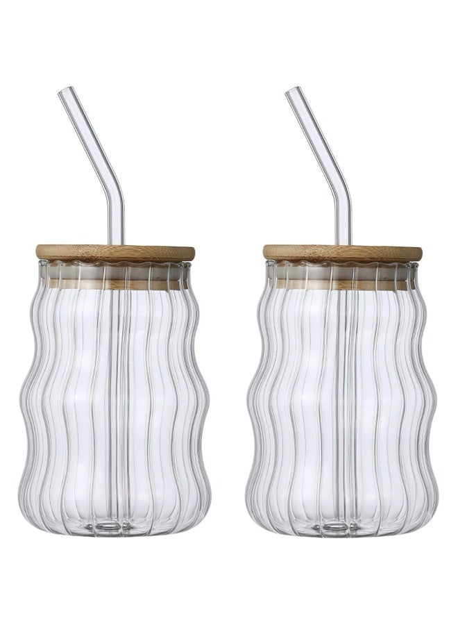 Set of 2 Stylish Vintage Wave Shaped 17oz Drinking Glasses with Lids  Straws - Ideal for Ice Coffee, Juice  Beverages, Durable Ribbed Glassware - Image 1